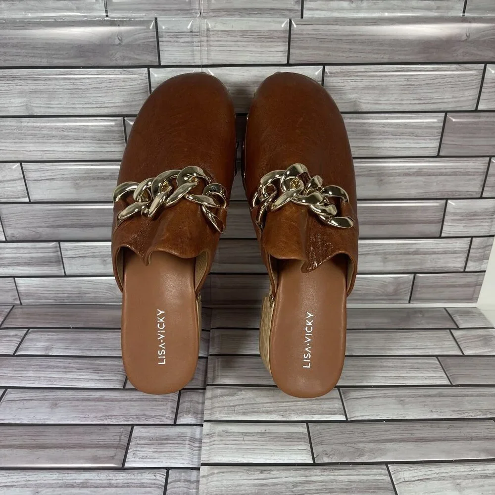 Lisa Vicky Brown Leather Mules with Gold Chain - Picture 6 of 10